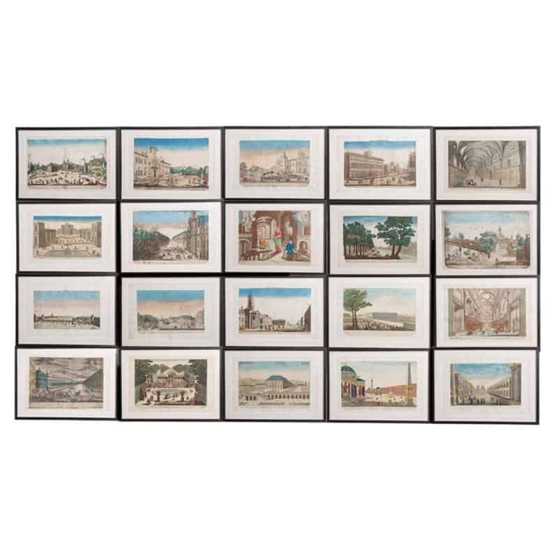Suite of Twenty French 18th-Century Hand-Colored Vue d'Optique Etchings