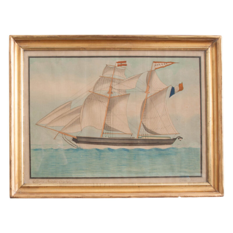 french antique painting scooner clipper giltwoodframe