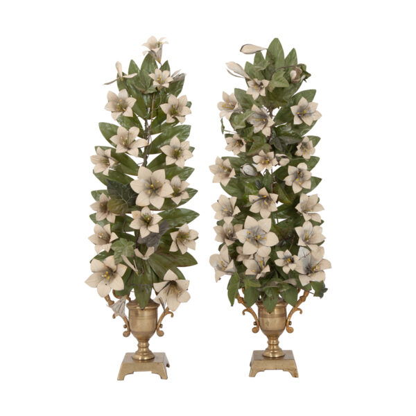 Pair of Vintage Tole Flowers in Brass Stand