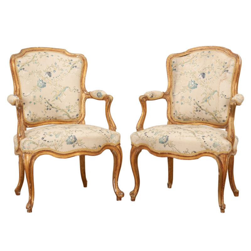 French Pair of 18th Century Louis XV Gold Gilt Fauteuils