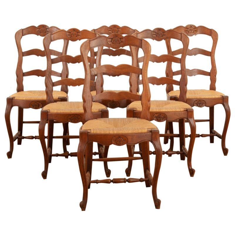Set of 6 French Oak Rush Seat Dining Chairs
