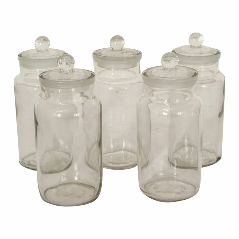 Set of Five English Lidded Glass Apothecary Jars