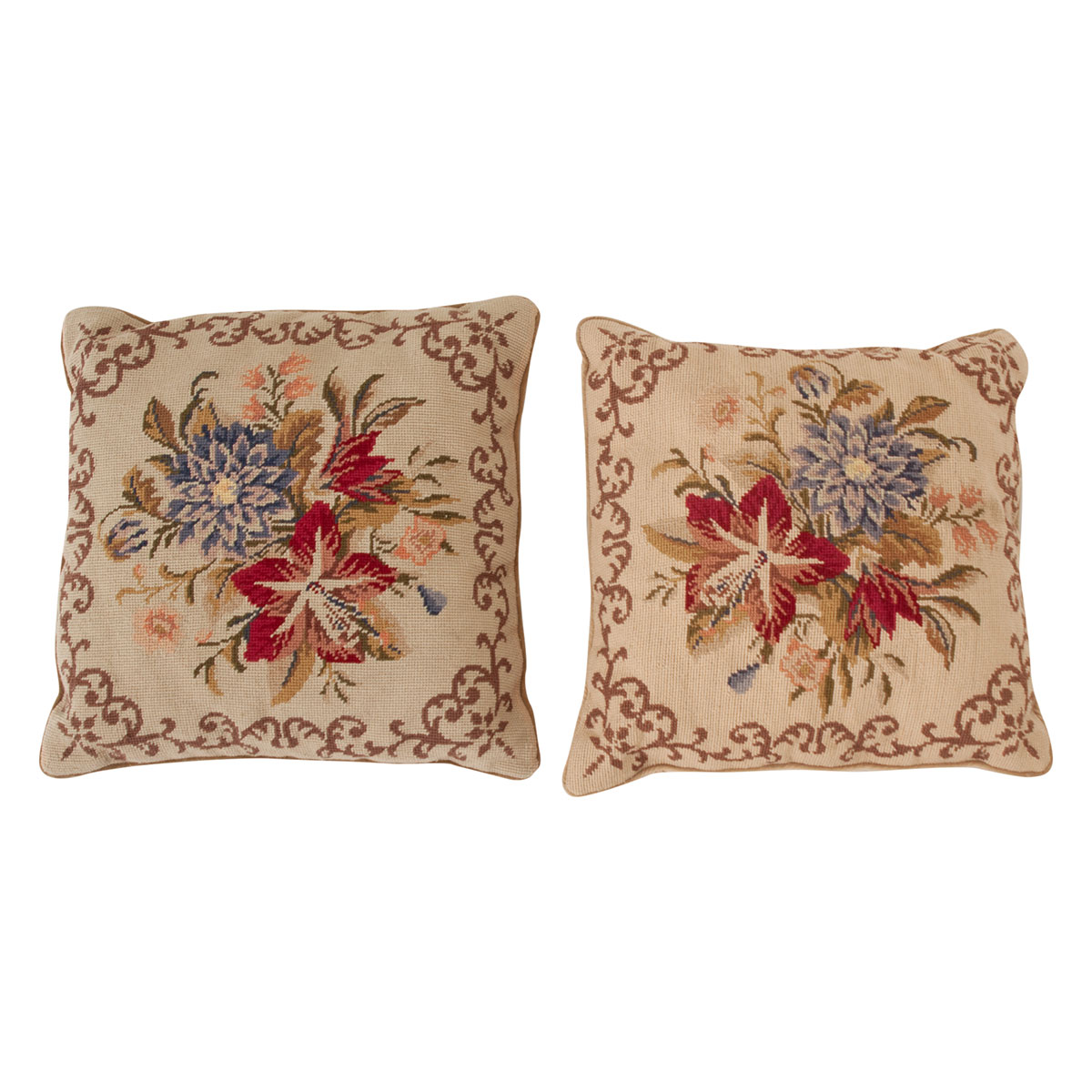Pair of Vintage Square Needlepoint Pillows - Fireside Antiques