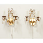 French Pair of Brass & Crystal Sconces