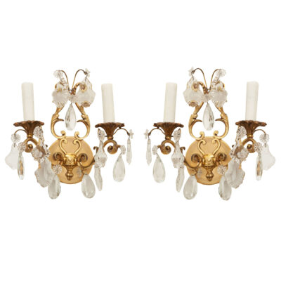 French Pair of Brass & Crystal Sconces