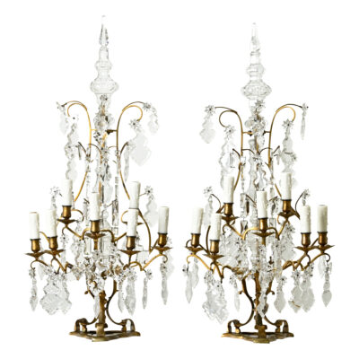 Large Pair of French Brass & Crystal Girandoles