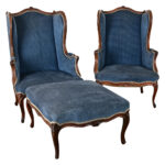 French Pair of Louis XV Wingback Bergeres & Ottoman