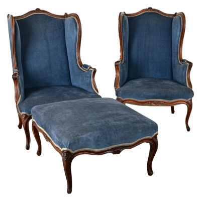 French Pair of Louis XV Wingback Bergeres & Ottoman