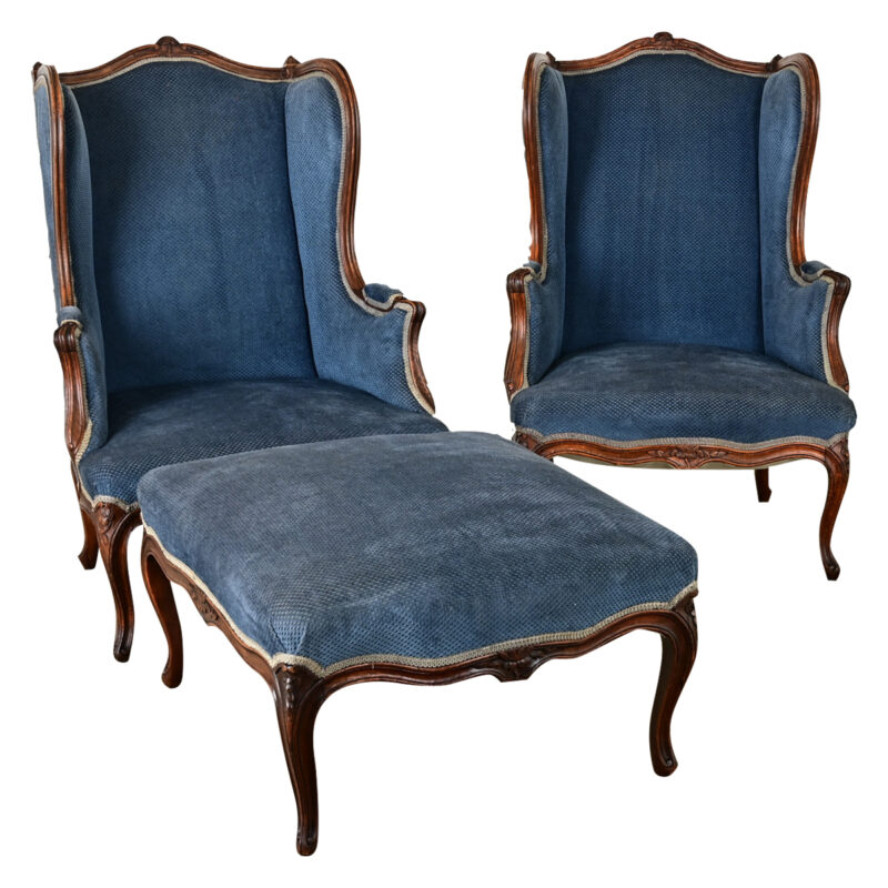 French Pair of Louis XV Wingback Bergeres & Ottoman