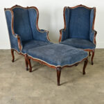French Pair of Louis XV Wingback Bergeres & Ottoman
