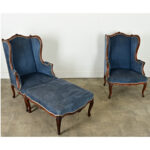 French Pair of Louis XV Wingback Bergeres & Ottoman
