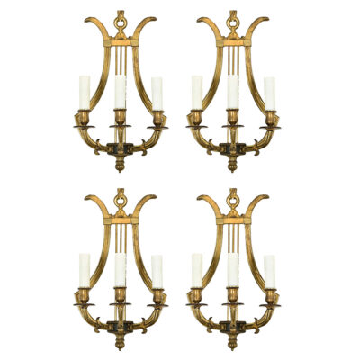 Set of Four Vintage French Brass Lyre Sconces