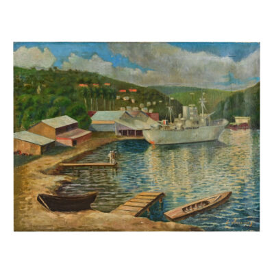 Vintage French Oil on Canvas Harbor Scene