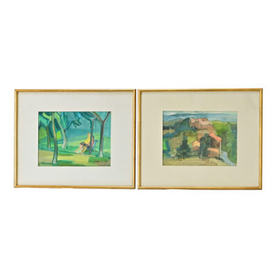 Pair of French Vintage Gilt Framed Watercolor Paintings