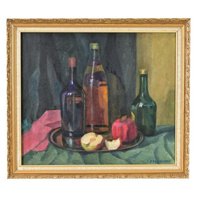 Signed Midcentury Still-life with Bottles & Fruit