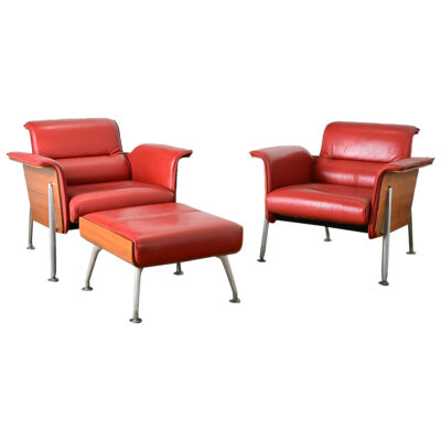Pair of German Leather Armchairs & Ottoman by Wilkhahn