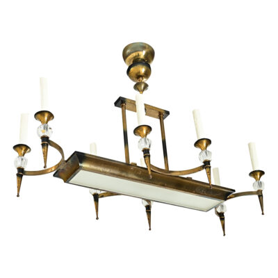 French Vintage Brass & Glass Linear Chandelier