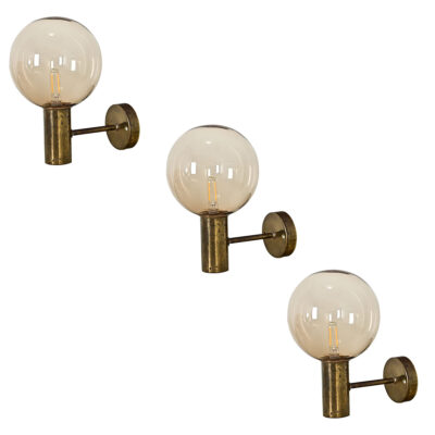 Set of Three Swedish Vintage Brass & Glass Sconces