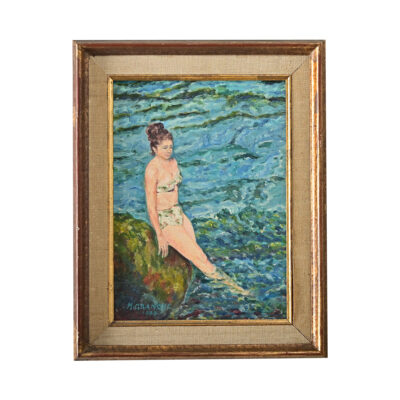 French Vintage Framed Portrait of a Lady Swimming