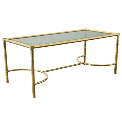 French Midcentury Brass & Glass Faux Bamboo Coffee Table