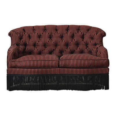 French Vintage Tufted Parlor Sofa in Striped Velvet & Fringe