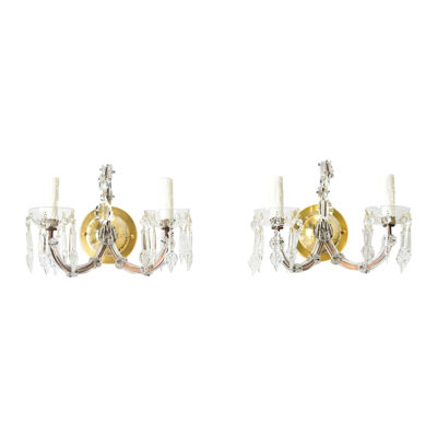 French Pair of Vintage Brass and Crystal Wall Sconces