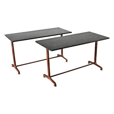 French Pair of Fossil Marble Iron Trestle Base Bistro Tables