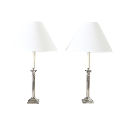 French Pair of Corinthian Column Lamps with Linen Shades