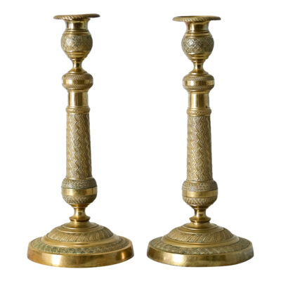 French Pair of Brass Etched Candlesticks