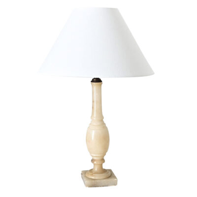 French Vintage Alabaster Column Lamp with Linen Shade