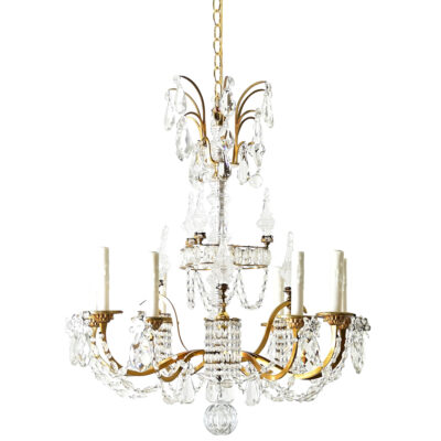 French Midcentury Brass and Crystal Chandelier