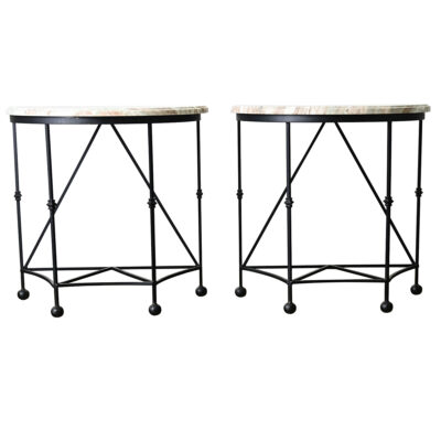 Pair of Iron and Marble Demilune Consoles