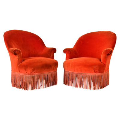 French 19th Century Pair of Velvet and Fringed Parlor Chairs