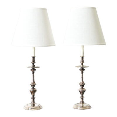 French Pair of Tall Silverplate Candlestick Lamps