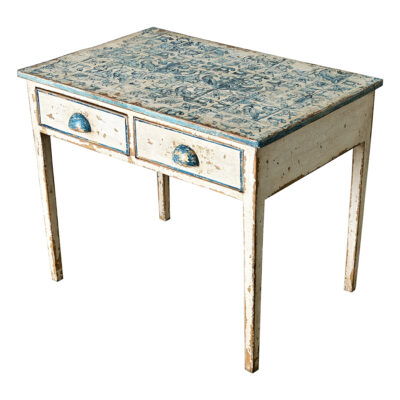 English Pine Table with Faux Delft Tile Painted Top