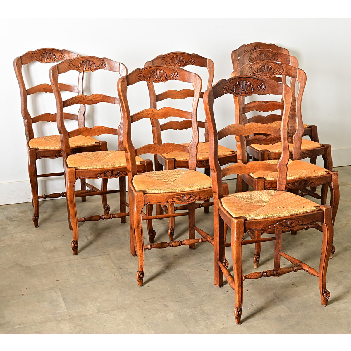 French Vintage Set of 8 Rush Seat Oak Dining Chairs - Fireside