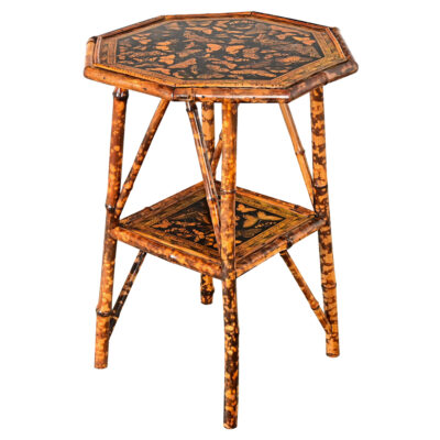 English 19th Century Octagonal Bamboo Table with Decoupage