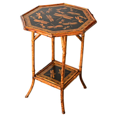 English 19th Century Octagonal Bamboo Table with Decoupage