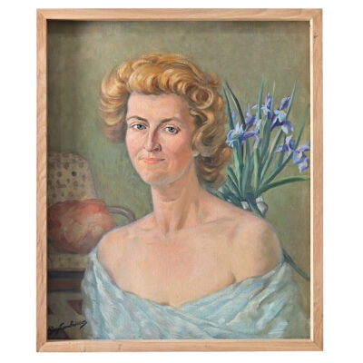 French Vintage Portrait Painting of a Lady with Iris Signed Combrisson