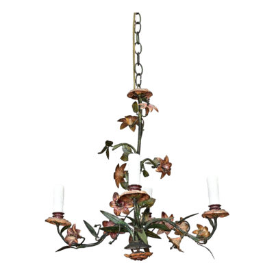 French Vintage Tôle Painted Floral Chandelier