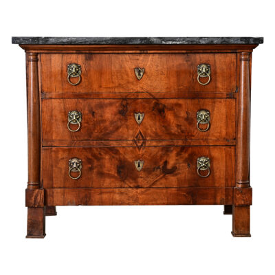 French Walnut Commode with Marble Top and Lion Ring Pulls