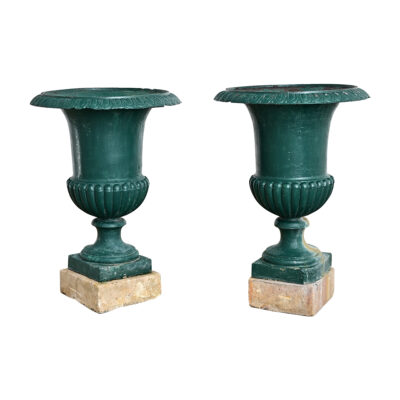 French 19th Century Pair of Cast Iron Urns on Stone Bases