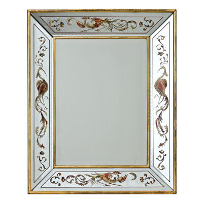 French Vintage Verre Églomisé Mirror with Phoenix Pattern