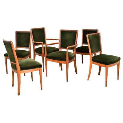 French Art Deco Set of Six Olivewood and Velvet Dining Chairs