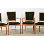 French Art Deco Set of Six Olivewood and Velvet Dining Chairs