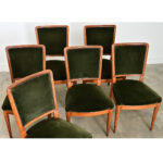 French Art Deco Set of Six Olivewood and Velvet Dining Chairs