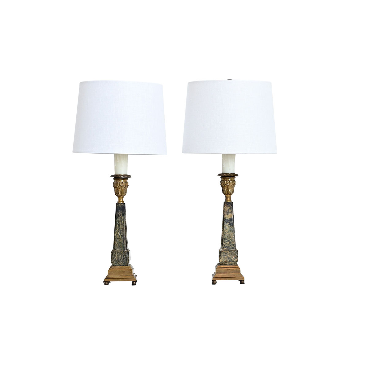 French Vintage Pair of Marble Obelisk Lamps - Fireside Antiques