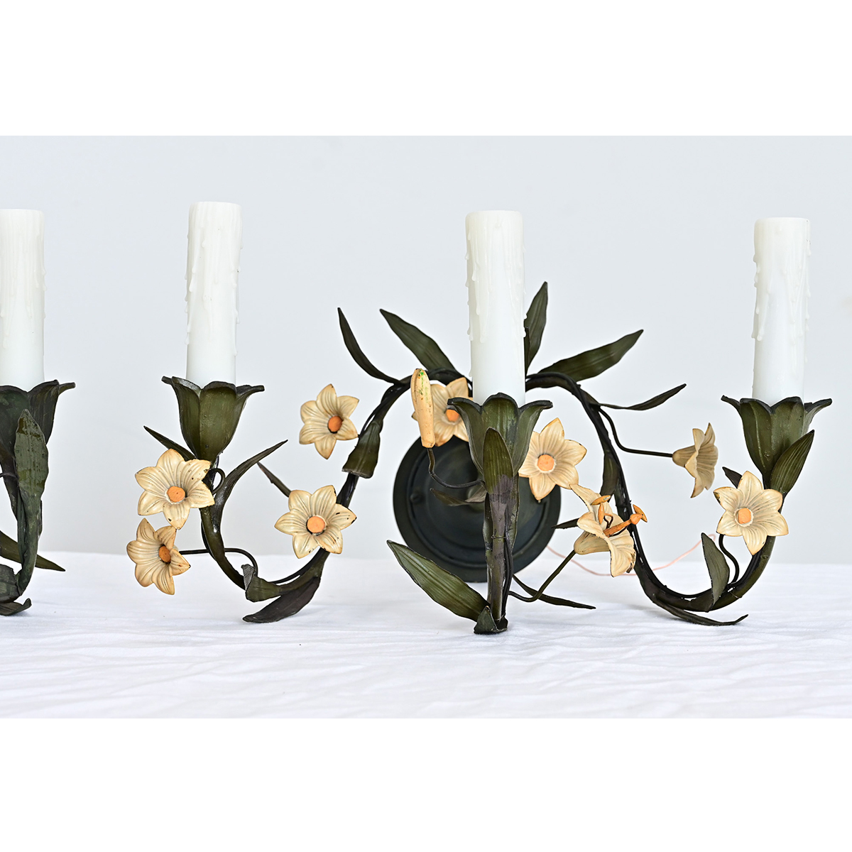 Italian Vintage Pair of Tole Floral Wall Sconces - Fireside Antiques